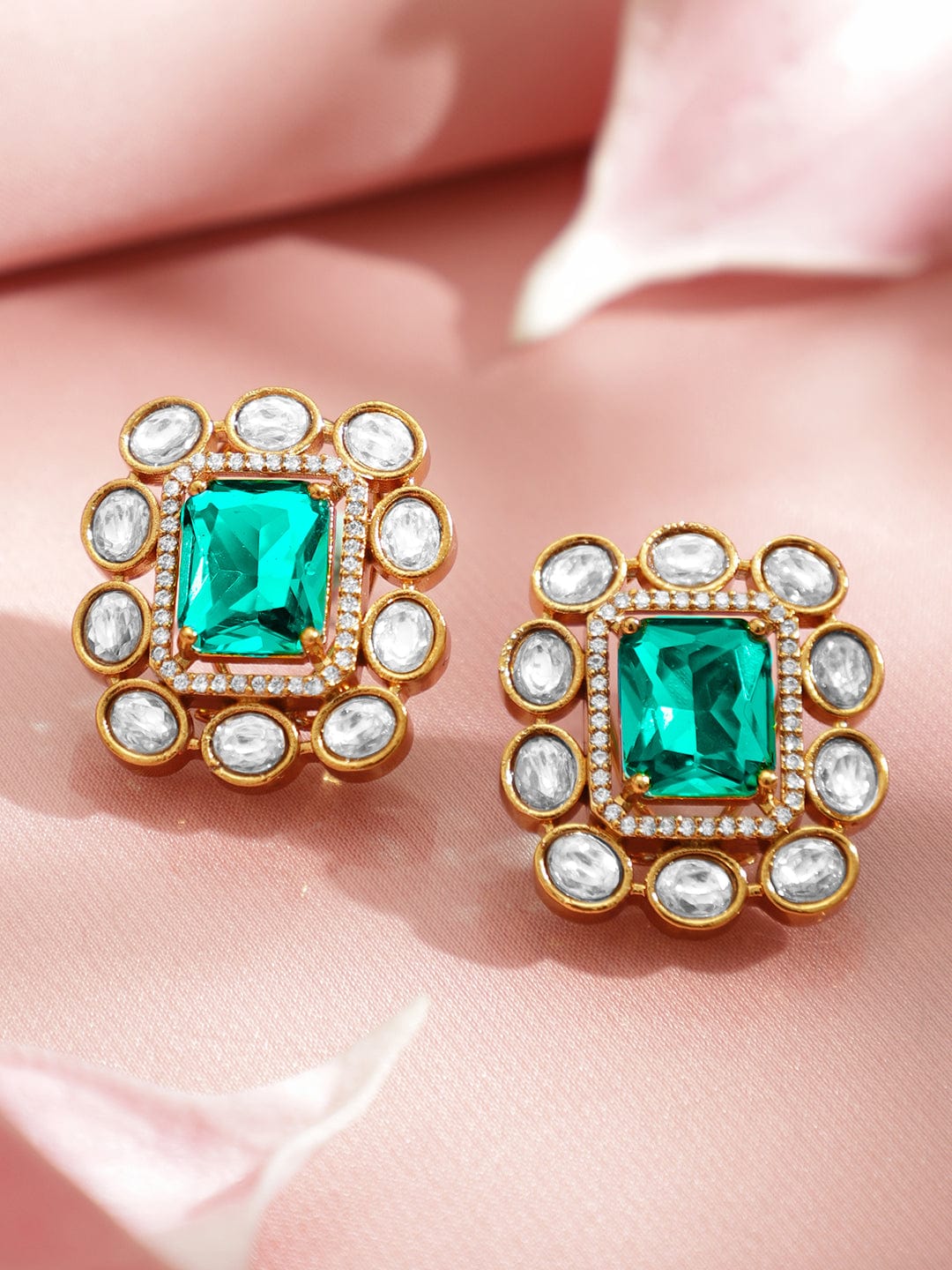 Rubans 22K Gold Plated Green Gemstone & Cubic Zirconia with White Kundan Stud Earrings Earrings