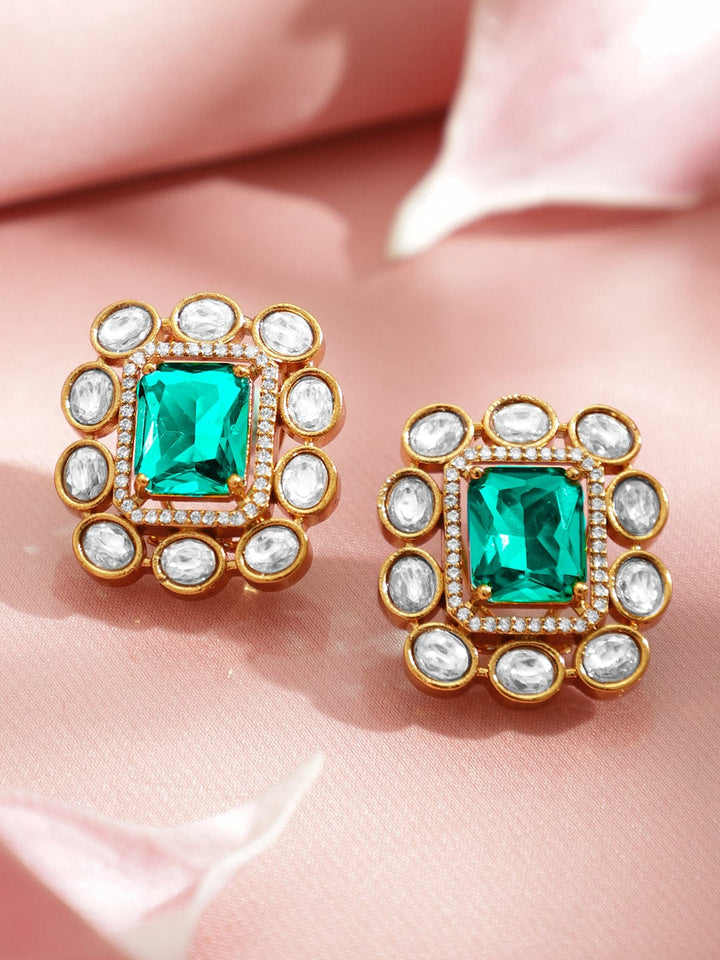 Rubans 22K Gold Plated Green Gemstone & Cubic Zirconia with White Kundan Stud Earrings Earrings