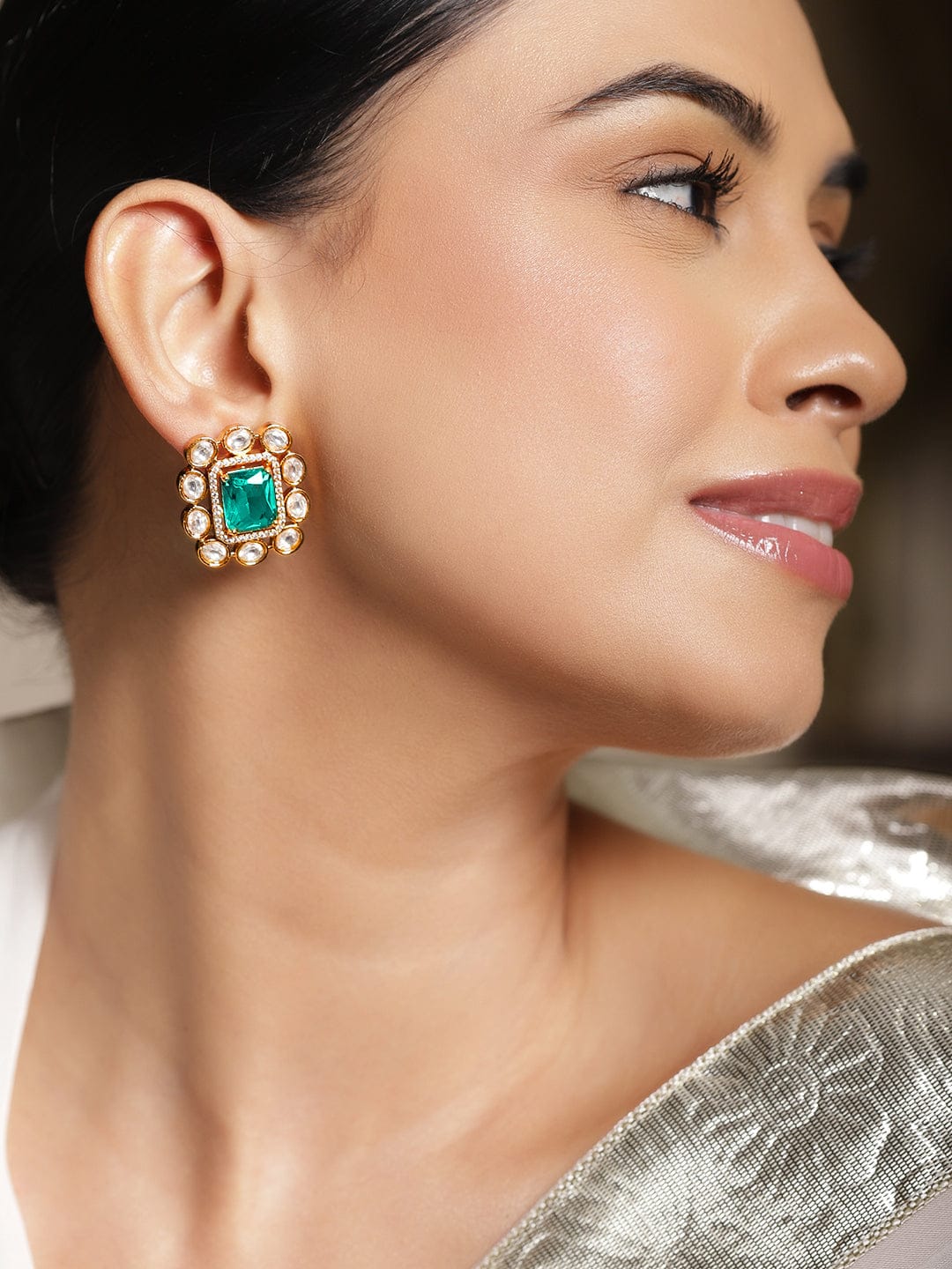 Rubans 22K Gold Plated Green Gemstone & Cubic Zirconia with White Kundan Stud Earrings Earrings