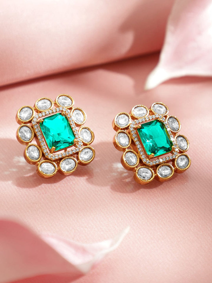 Rubans 22K Gold Plated Green Gemstone & Cubic Zirconia with White Kundan Stud Earrings Earrings