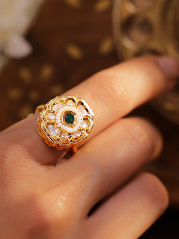 Rubans 22K Gold-Plated Green Kundan Stone & Pearl Beaded Floral Adjustable Statement Ring Ring