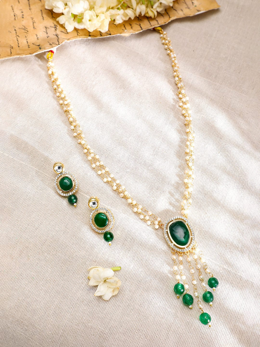 Rubans 22K Gold-Plated Green Onyx & Pearl Beaded Layered Necklace Set  with Cubiz Zicronia Accents Necklaces, Necklace Sets, Chains & Mangalsutra