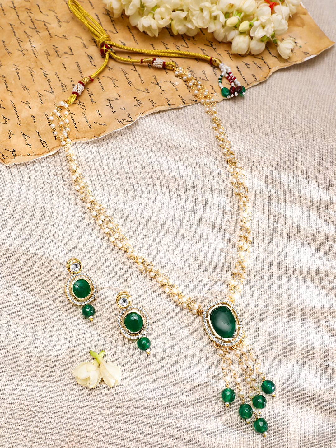 Rubans 22K Gold-Plated Green Onyx & Pearl Beaded Layered Necklace Set  with Cubiz Zicronia Accents Necklaces, Necklace Sets, Chains & Mangalsutra