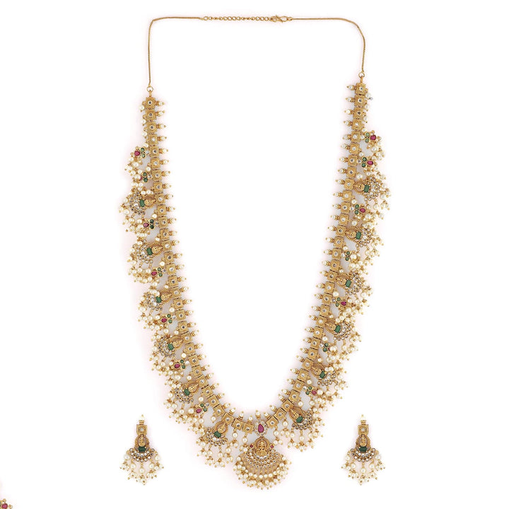 Rubans 22K Gold-Plated Green & Pink Stone Cubic Zirconia Studded Temple Jewellery Set with Pearls Necklace set