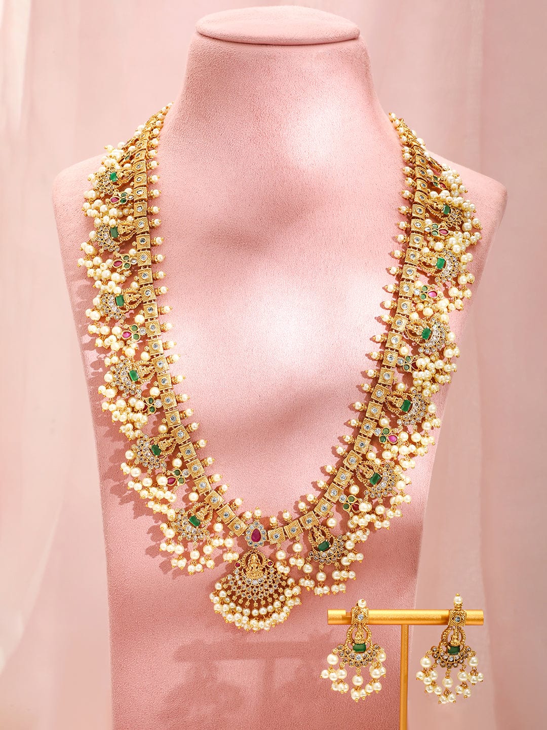 Rubans 22K Gold-Plated Green & Pink Stone Cubic Zirconia Studded Temple Jewellery Set with Pearls Necklace set