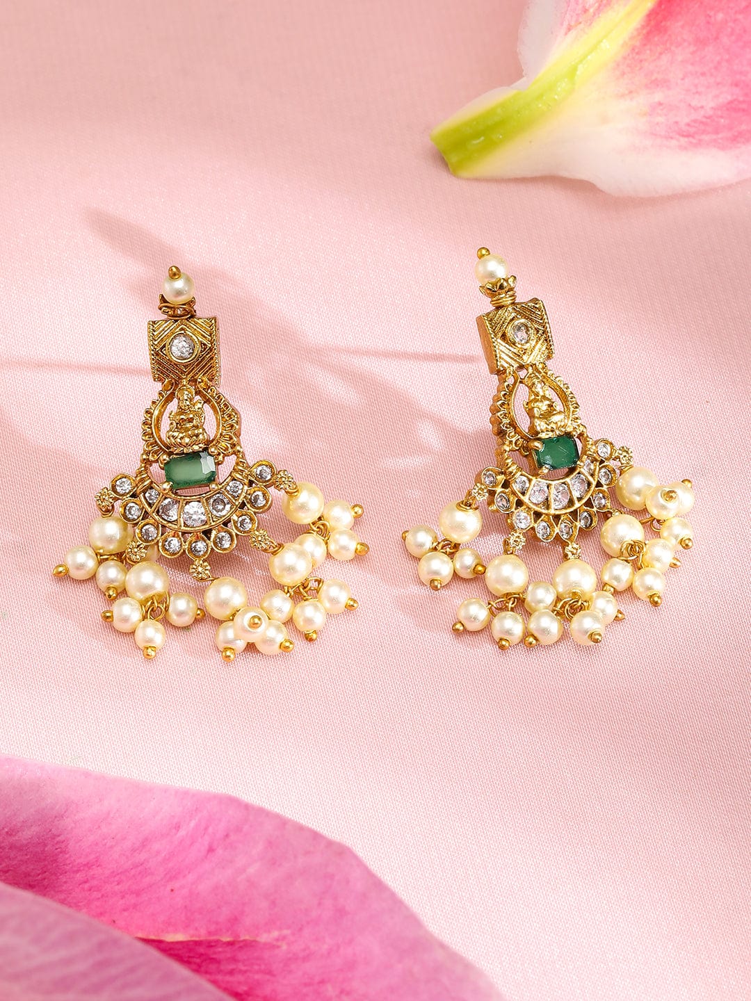 Rubans 22K Gold-Plated Green & Pink Stone Cubic Zirconia Studded Temple Jewellery Set with Pearls Necklace set