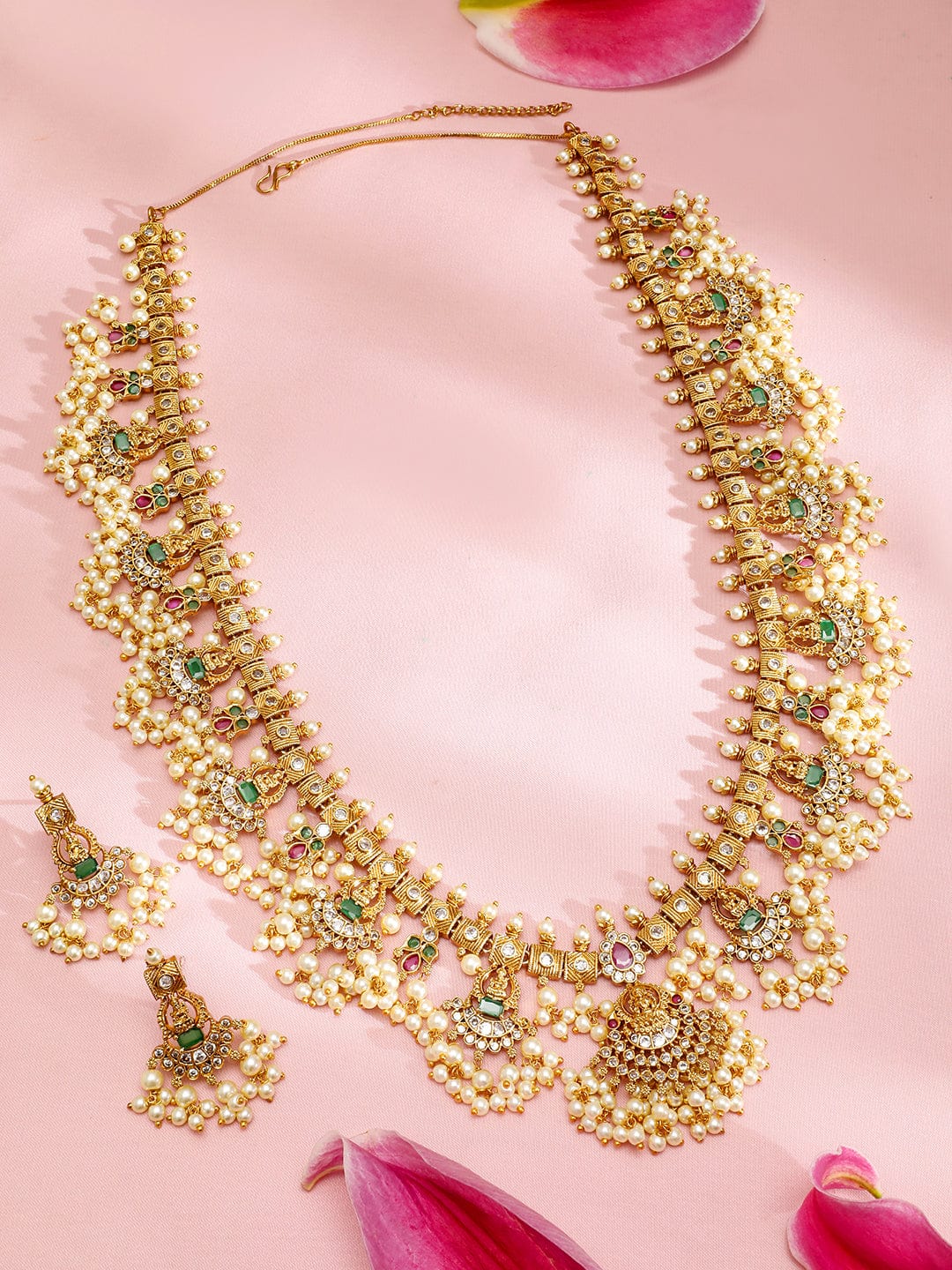 Rubans 22K Gold-Plated Green & Pink Stone Cubic Zirconia Studded Temple Jewellery Set with Pearls Necklace set