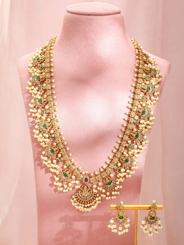 Rubans 22K Gold-Plated Green & Pink Stone Cubic Zirconia Temple Jewellery Set with Pearls Jewellery Set