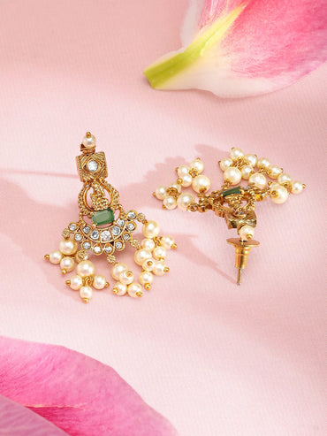 Rubans 22K Gold-Plated Green & Pink Stone Cubic Zirconia Temple Jewellery Set with Pearls Jewellery Set