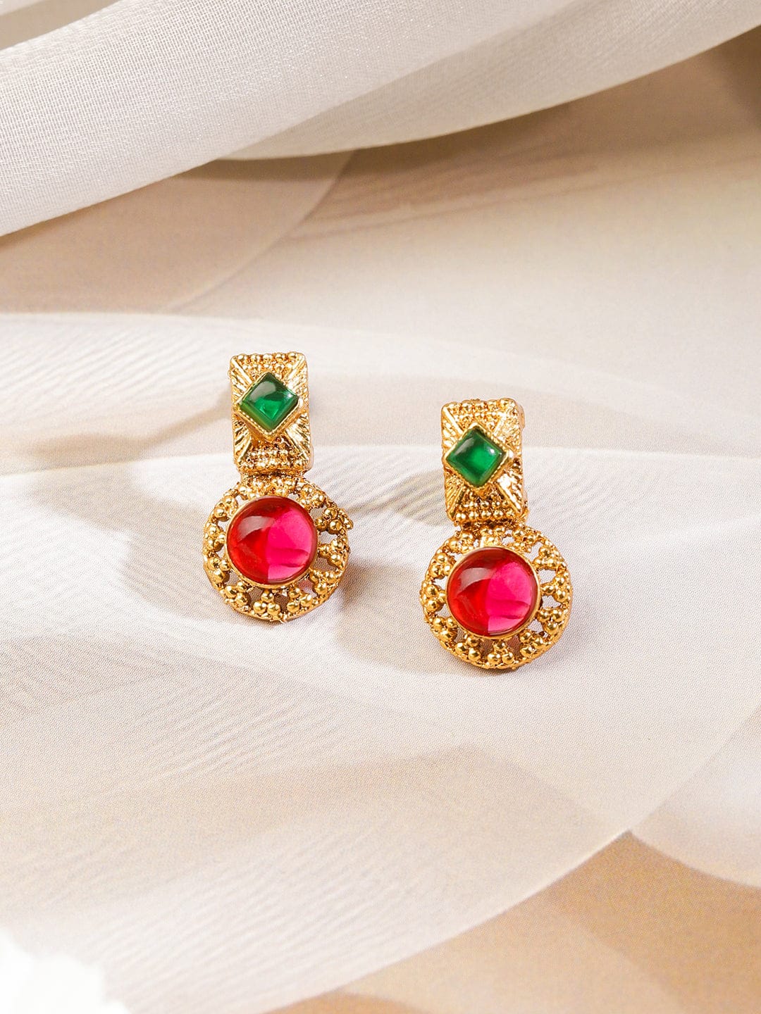 Rubans 22K Gold-Plated Green & Ruby Red Stone Studded Traditional Necklace Set with Textured Drop Accents Jewellery Set