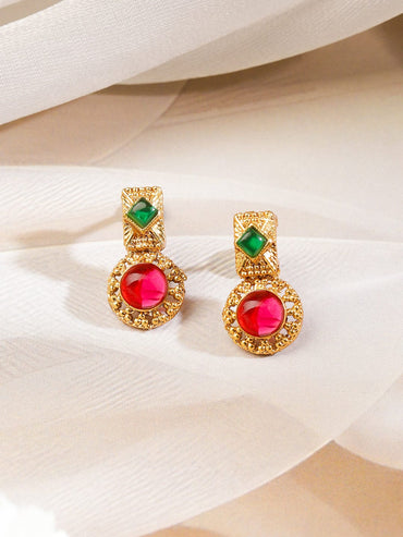 Rubans 22K Gold-Plated Green & Ruby Red Stone Studded Traditional Necklace Set with Textured Drop Accents Jewellery Set