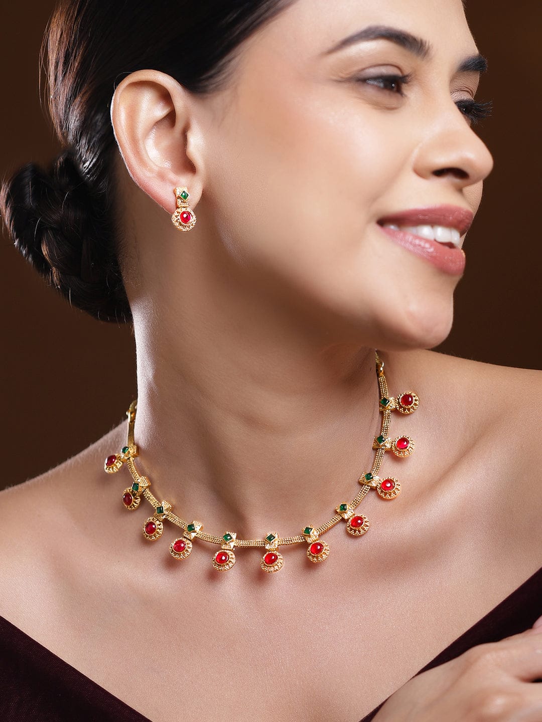 Rubans 22K Gold-Plated Green & Ruby Red Stone Studded Traditional Necklace Set with Textured Drop Accents Jewellery Set