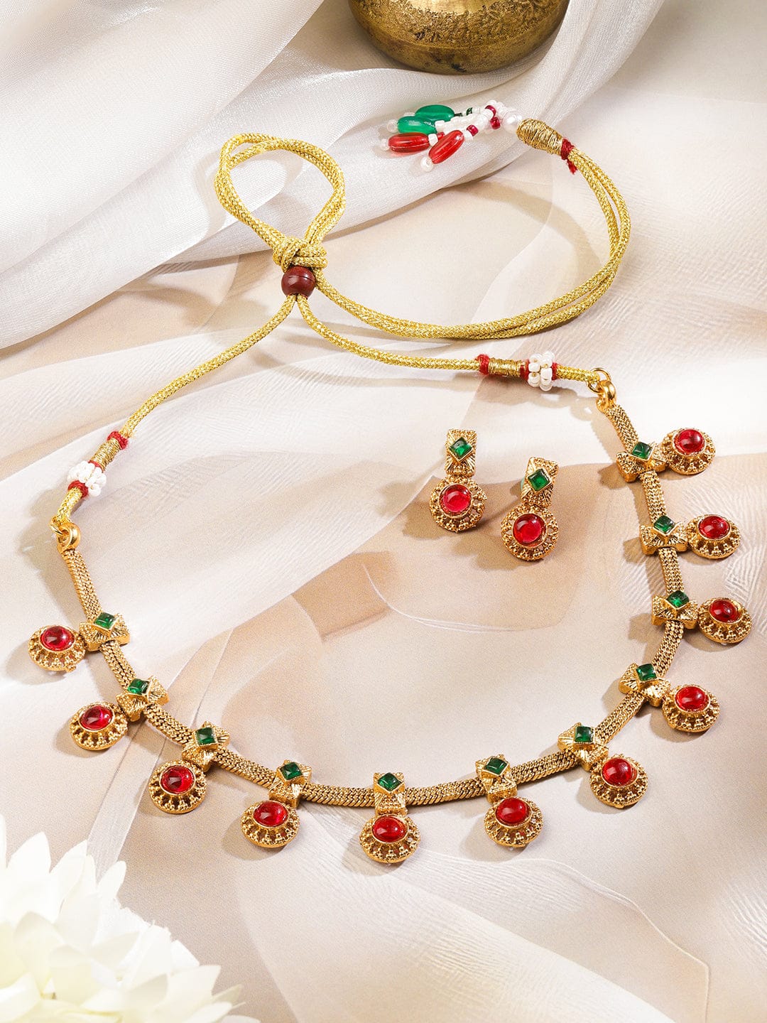 Rubans 22K Gold-Plated Green & Ruby Red Stone Studded Traditional Necklace Set with Textured Drop Accents Jewellery Set