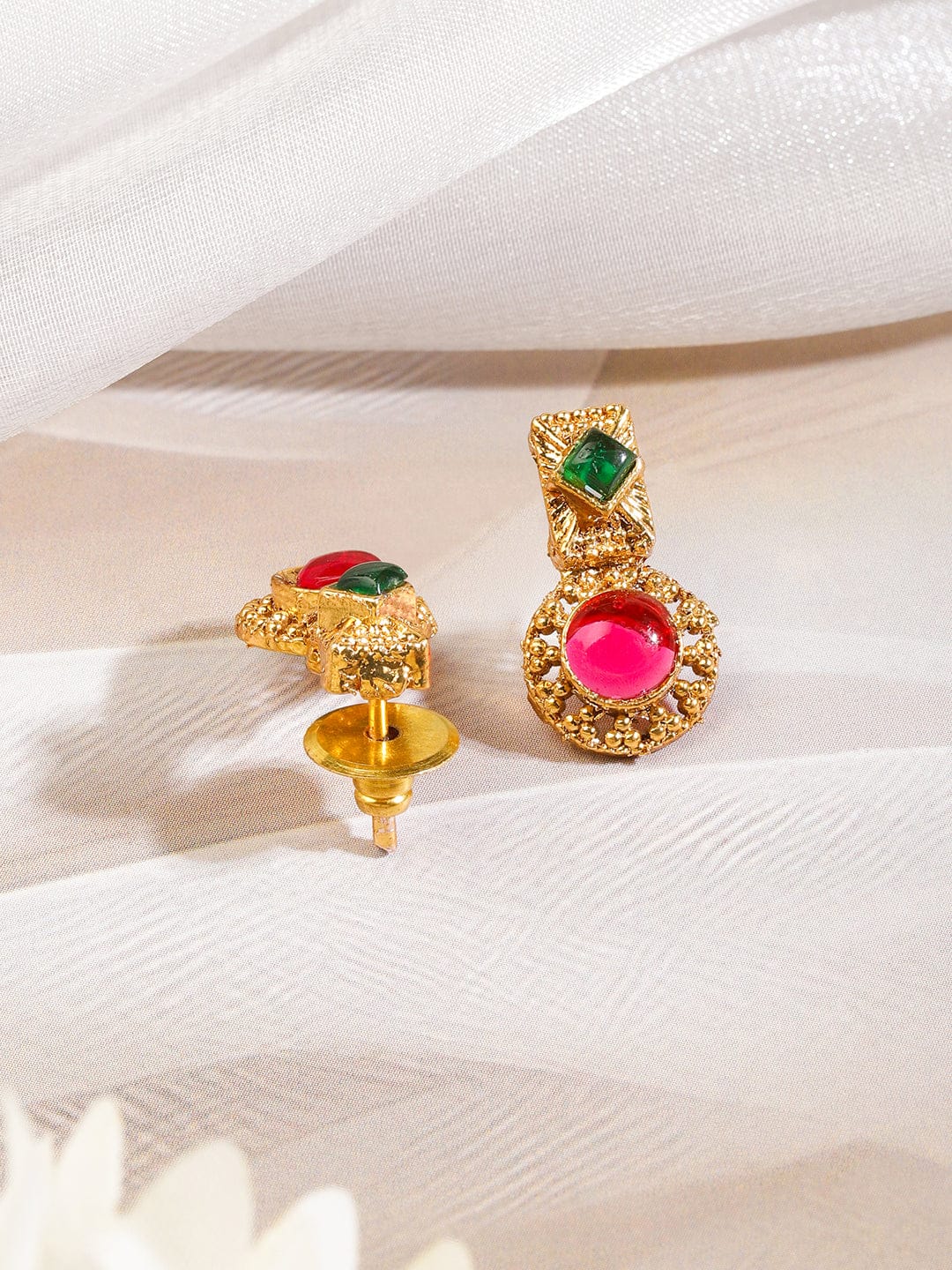 Rubans 22K Gold-Plated Green & Ruby Red Stone Studded Traditional Necklace Set with Textured Drop Accents Jewellery Set