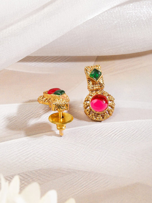 Rubans 22K Gold-Plated Green & Ruby Red Stone Studded Traditional Necklace Set with Textured Drop Accents Jewellery Set