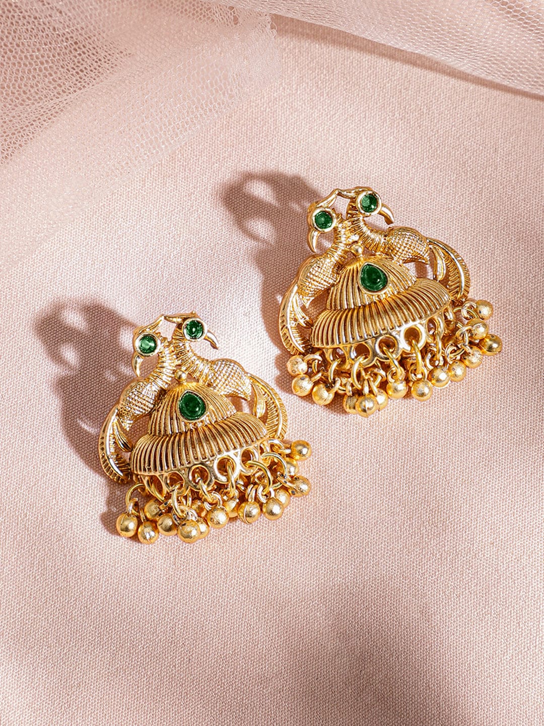 Rubans 22K Gold-Plated Green Stone & Gold Beaded Peacock Design Traditional Necklace Set Jewellery Set