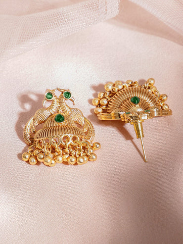 Rubans 22K Gold-Plated Green Stone & Gold Beaded Peacock Design Traditional Necklace Set Jewellery Set