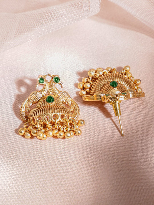 Rubans 22K Gold-Plated Green Stone & Gold Beaded Peacock Design Traditional Necklace Set Jewellery Set