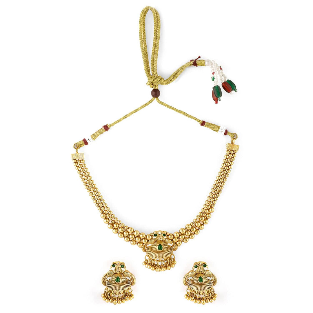 Rubans 22K Gold-Plated Green Stone & Gold Beaded Peacock Design Traditional Necklace Set Jewellery Set