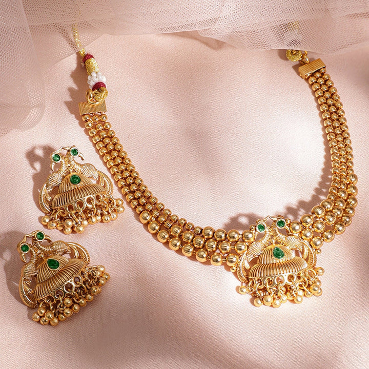 Rubans 22K Gold-Plated Green Stone & Gold Beaded Peacock Design Traditional Necklace Set Jewellery Set