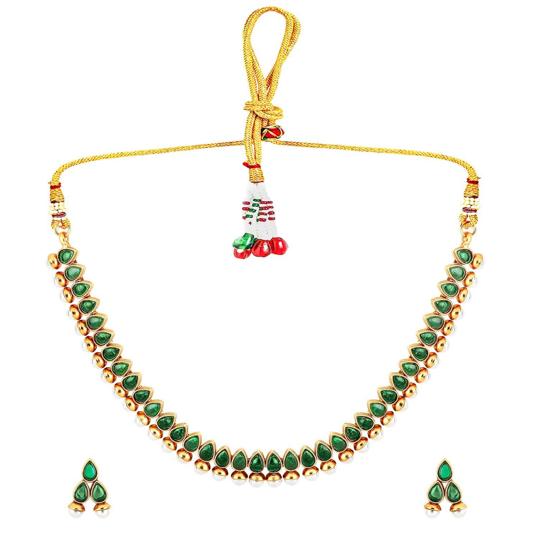 Rubans 22K Gold-Plated Green Stone & Pearl Beaded Traditional Jewellery Set Necklace Set