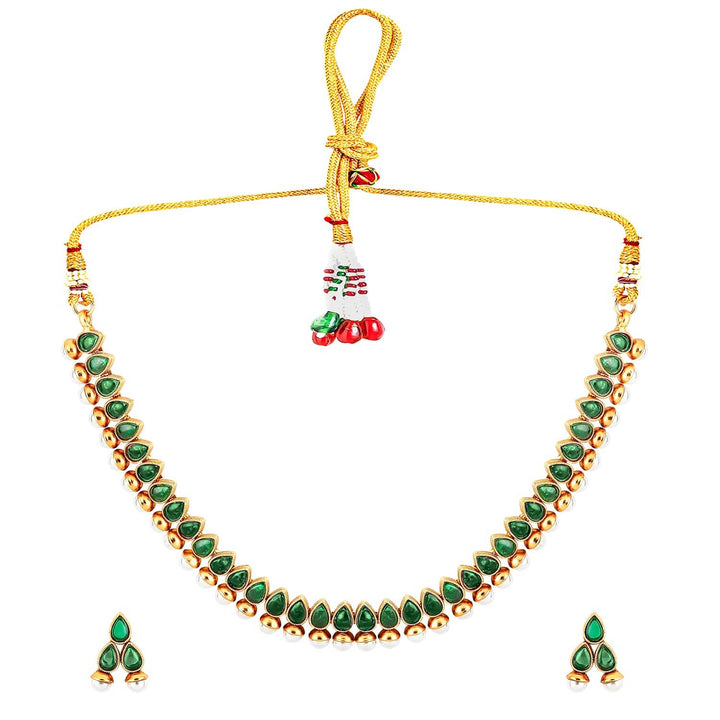 Rubans 22K Gold-Plated Green Stone & Pearl Beaded Traditional Jewellery Set Necklace Set