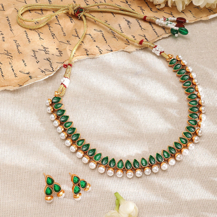 Rubans 22K Gold-Plated Green Stone & Pearl Beaded Traditional Jewellery Set Necklace Set