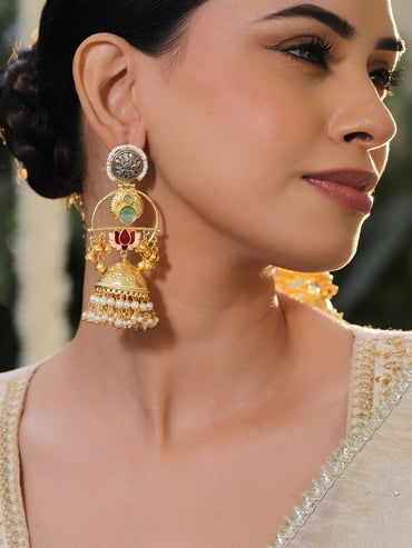 Rubans 22K Gold-Plated Green Stone, Red Enamel & Pearl Beads Lotus Motif Dual-Tone Jhumka Earrings Jhumka Earrings
