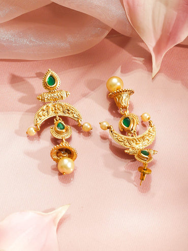 Rubans 22K Gold-Plated Green & White Kundan Pearls & Golden Beads Multistrand Necklace Set Jewellery Set