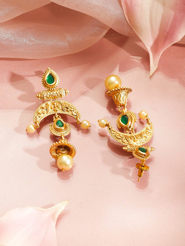 Rubans 22K Gold-Plated Green & White Kundan Pearls & Golden Beads Multistrand Necklace Set Jewellery Set