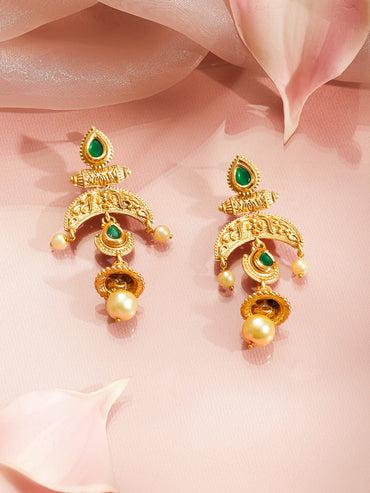 Rubans 22K Gold-Plated Green & White Kundan Pearls & Golden Beads Multistrand Necklace Set Jewellery Set