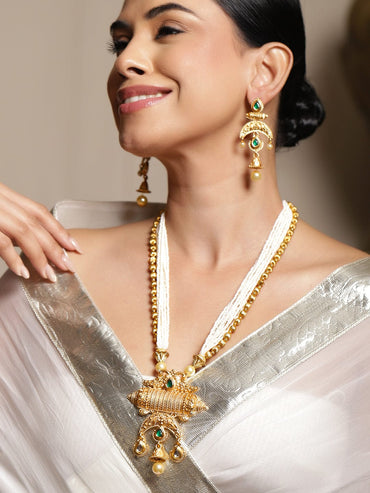 Rubans 22K Gold-Plated Green & White Kundan Pearls & Golden Beads Multistrand Necklace Set Jewellery Set
