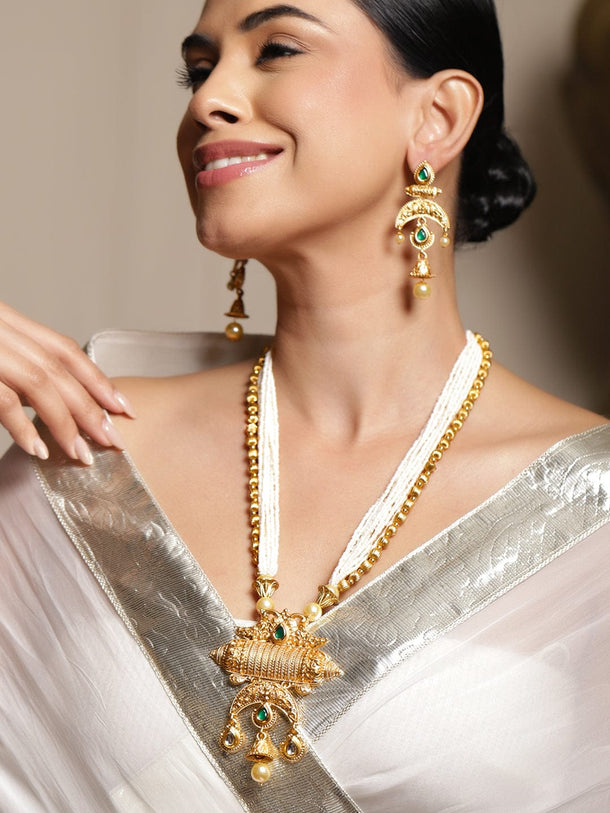 Rubans 22K Gold-Plated Green & White Kundan Pearls & Golden Beads Multistrand Necklace Set Jewellery Set