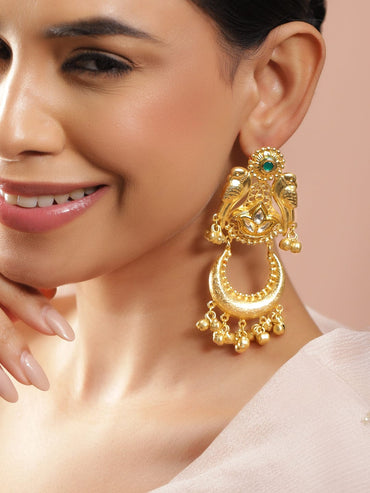 Rubans 22K Gold-Plated Green & White Kundan Stone and Golden Bead Drop Oversized Chandbali Earrings Chandbali Earrings