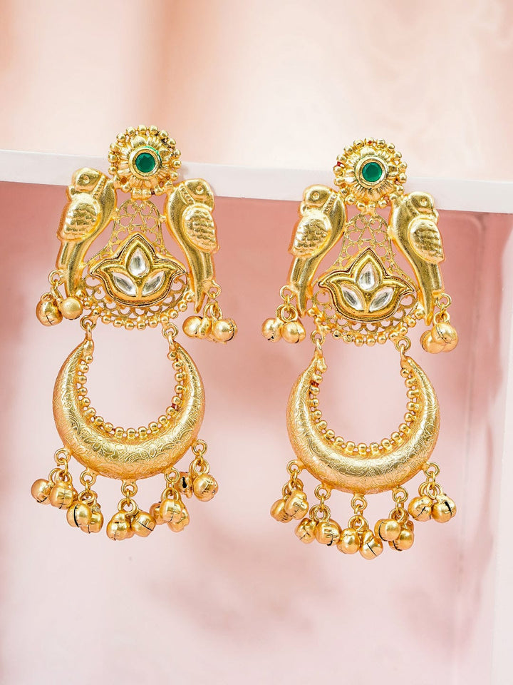 Rubans 22K Gold-Plated Green & White Kundan Stone and Golden Bead Drop Oversized Chandbali Earrings Earrings