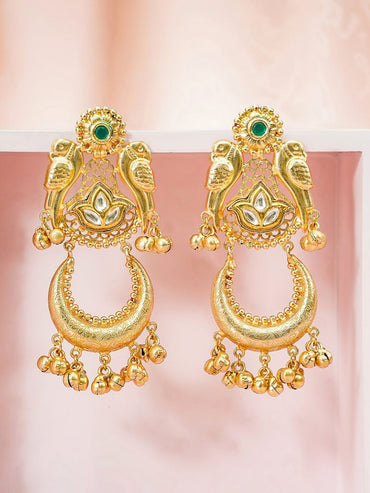 Rubans 22K Gold-Plated Green & White Kundan Stone and Golden Bead Drop Oversized Chandbali Earrings Earrings