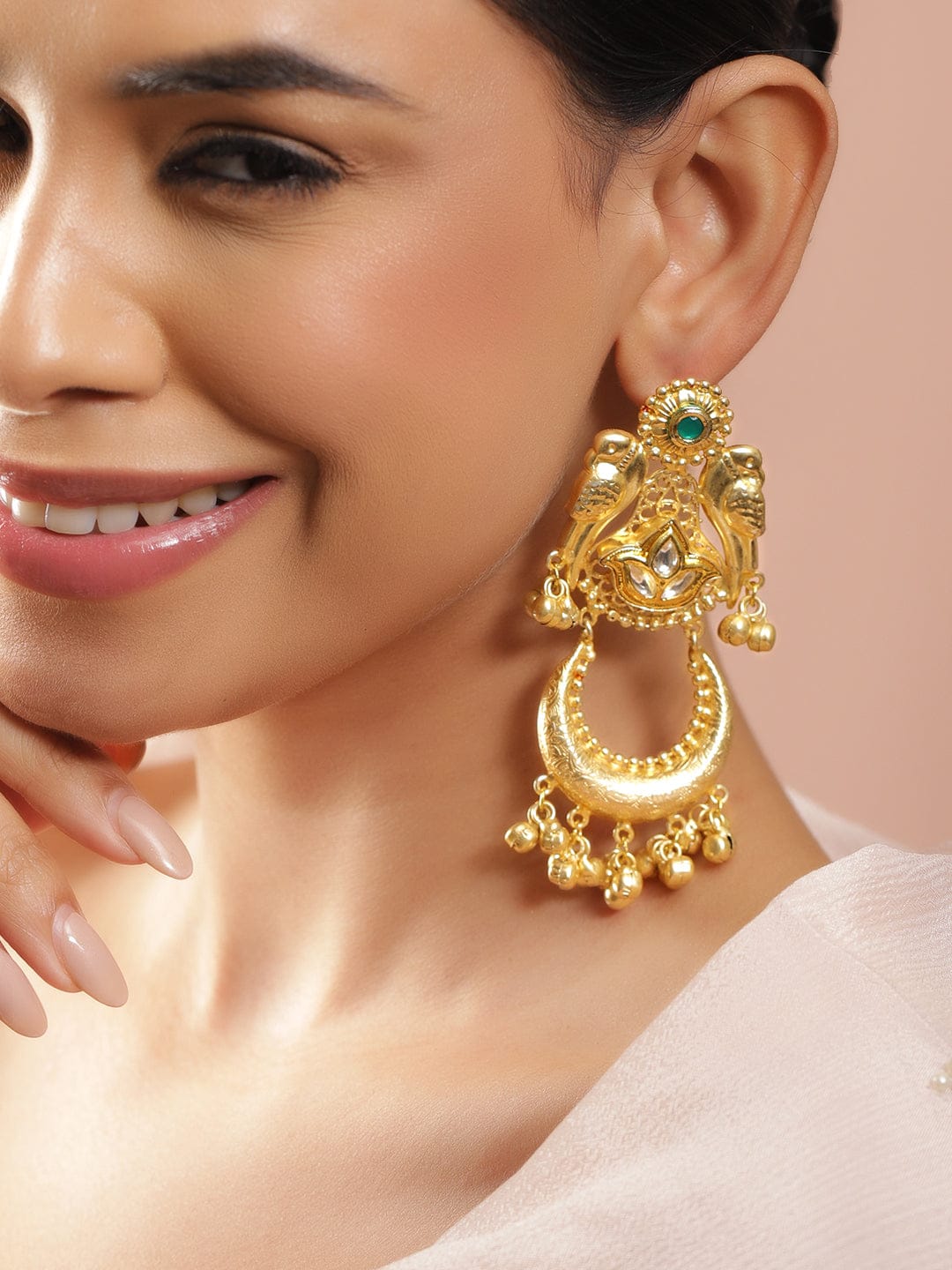 Rubans 22K Gold-Plated Green & White Kundan Stone and Golden Bead Drop Oversized Chandbali Earrings Earrings