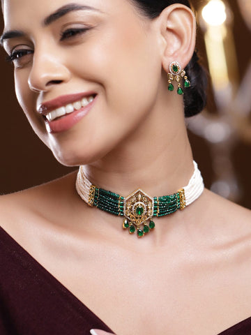 Rubans 22K Gold-Plated Handcrafted Choker Necklace Set with Emerald Green Cubic Zirconia & Off-White Beads Necklaces, Necklace Sets