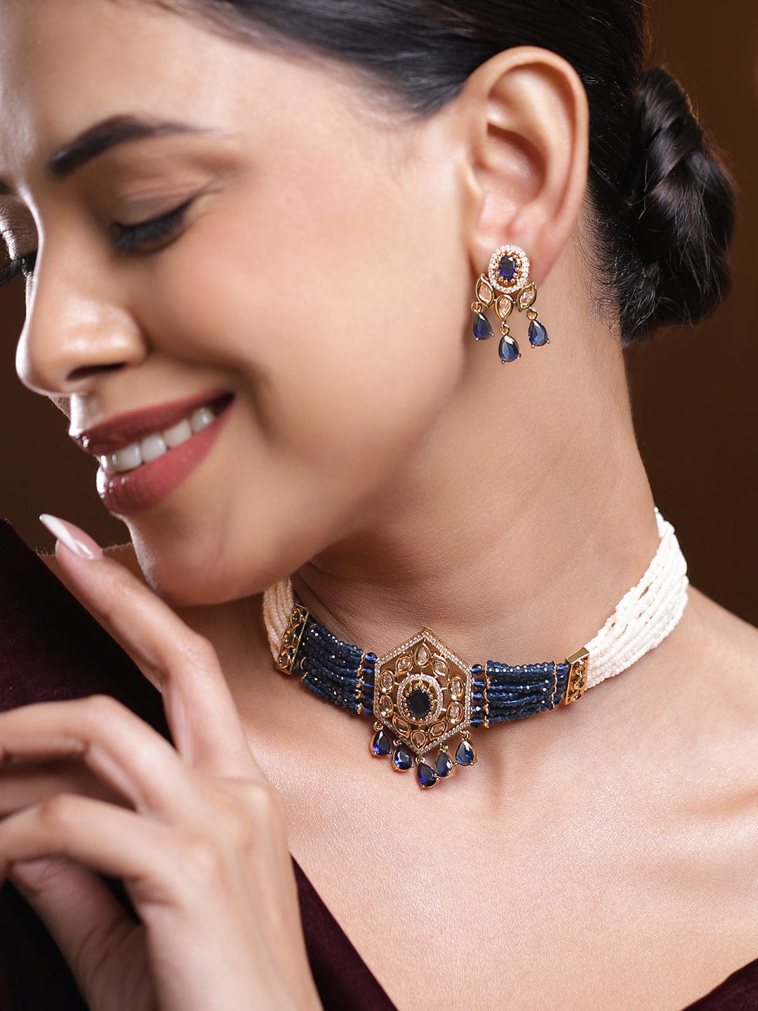 Rubans 22K Gold-Plated Handcrafted Choker Necklace Set with Navy Blue Cubic Zirconia & Off-White Beads Choker, Choker set & Kundan Choker set