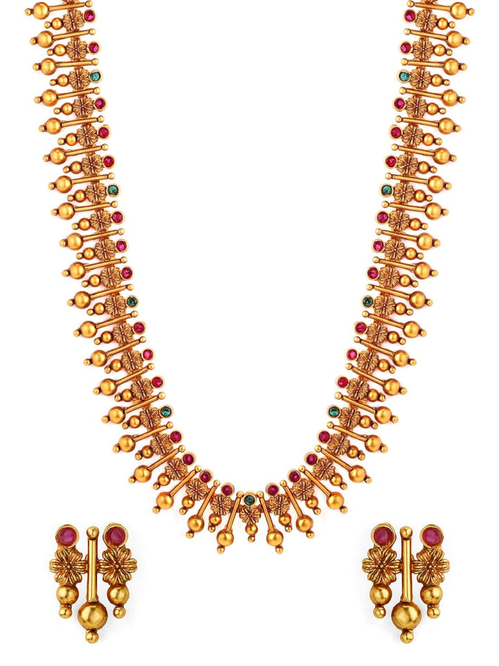 Rubans 22K Gold Plated Handcrafted Color Stone Traditional Temple Necklace Set Necklace Set