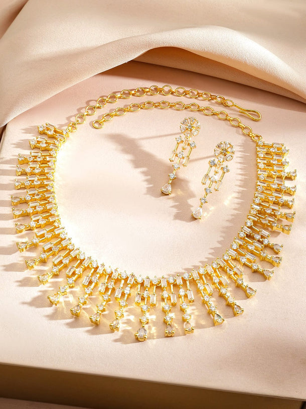 Rubans 22K Gold-Plated Handcrafted Cubic Zirconia Embellished Statement Necklace Set Jewellery Set