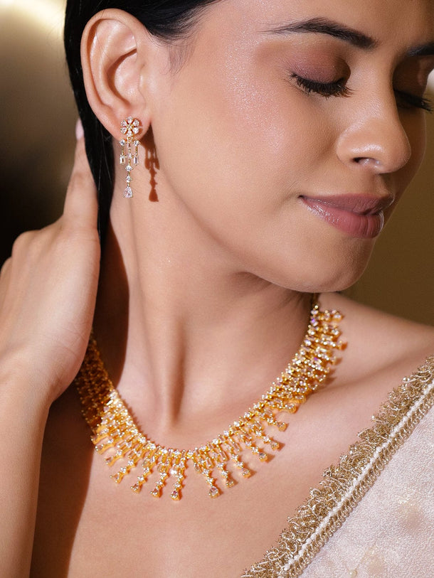 Rubans 22K Gold-Plated Handcrafted Cubic Zirconia Embellished Statement Necklace Set Jewellery Set