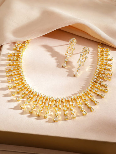 Rubans 22K Gold-Plated Handcrafted Cubic Zirconia Embellished Statement Necklace Set Necklace Sets
