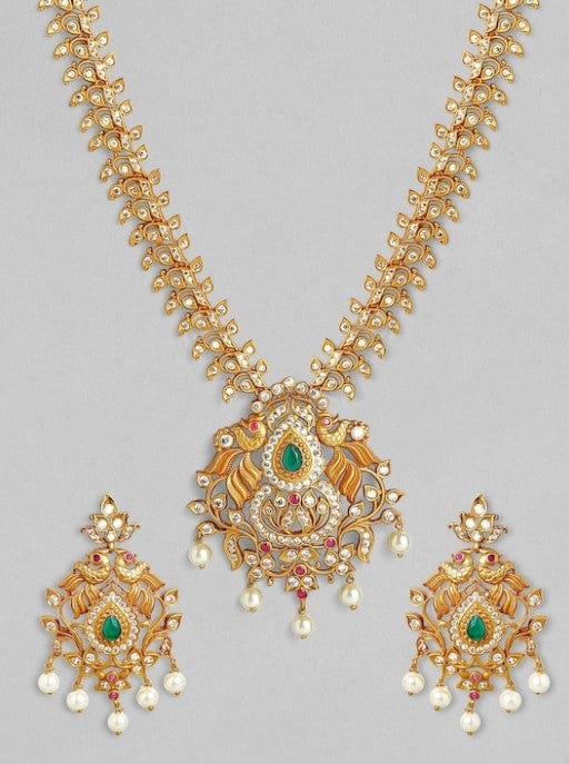 Rubans 22K Gold Plated Handcrafted Emerald Stone Necklace Set Necklace Set