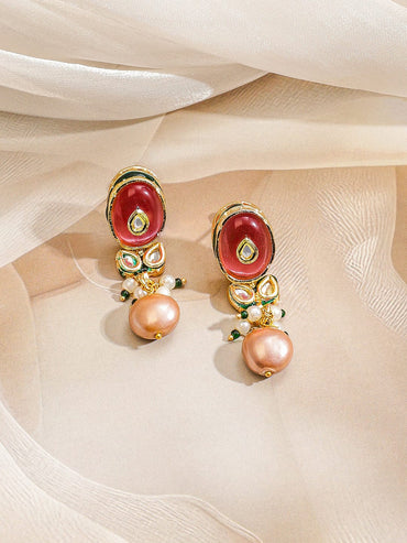 Rubans 22K Gold-Plated Handcrafted Enamel Kundan Choker Necklace Set with Rosy Pink & Green Stones and Glossy Pink Pearl Beads Drops for Women & Girls â€“ Perfect for Weddings & Royal Festive Styling Jewellery Set