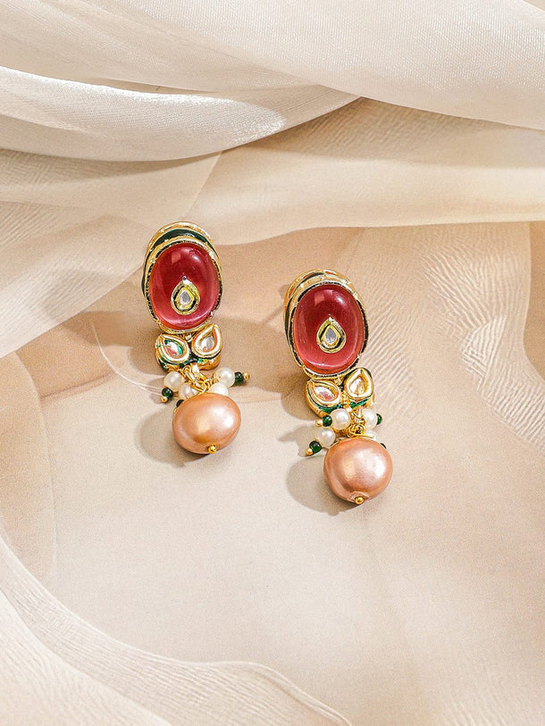 Rubans 22K Gold-Plated Handcrafted Enamel Kundan Choker Necklace Set with Rosy Pink & Green Stones and Glossy Pink Pearl Beads Drops for Women & Girls â€“ Perfect for Weddings & Royal Festive Styling Jewellery Set