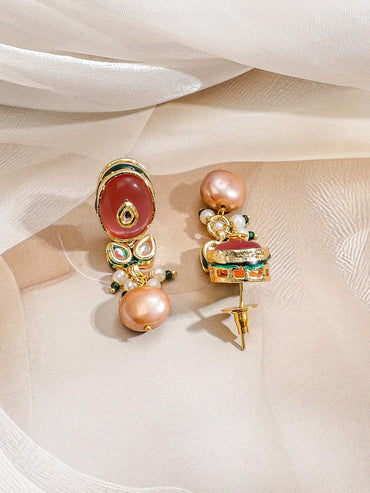 Rubans 22K Gold-Plated Handcrafted Enamel Kundan Choker Necklace Set with Rosy Pink & Green Stones and Glossy Pink Pearl Beads Drops for Women & Girls â€“ Perfect for Weddings & Royal Festive Styling Jewellery Set