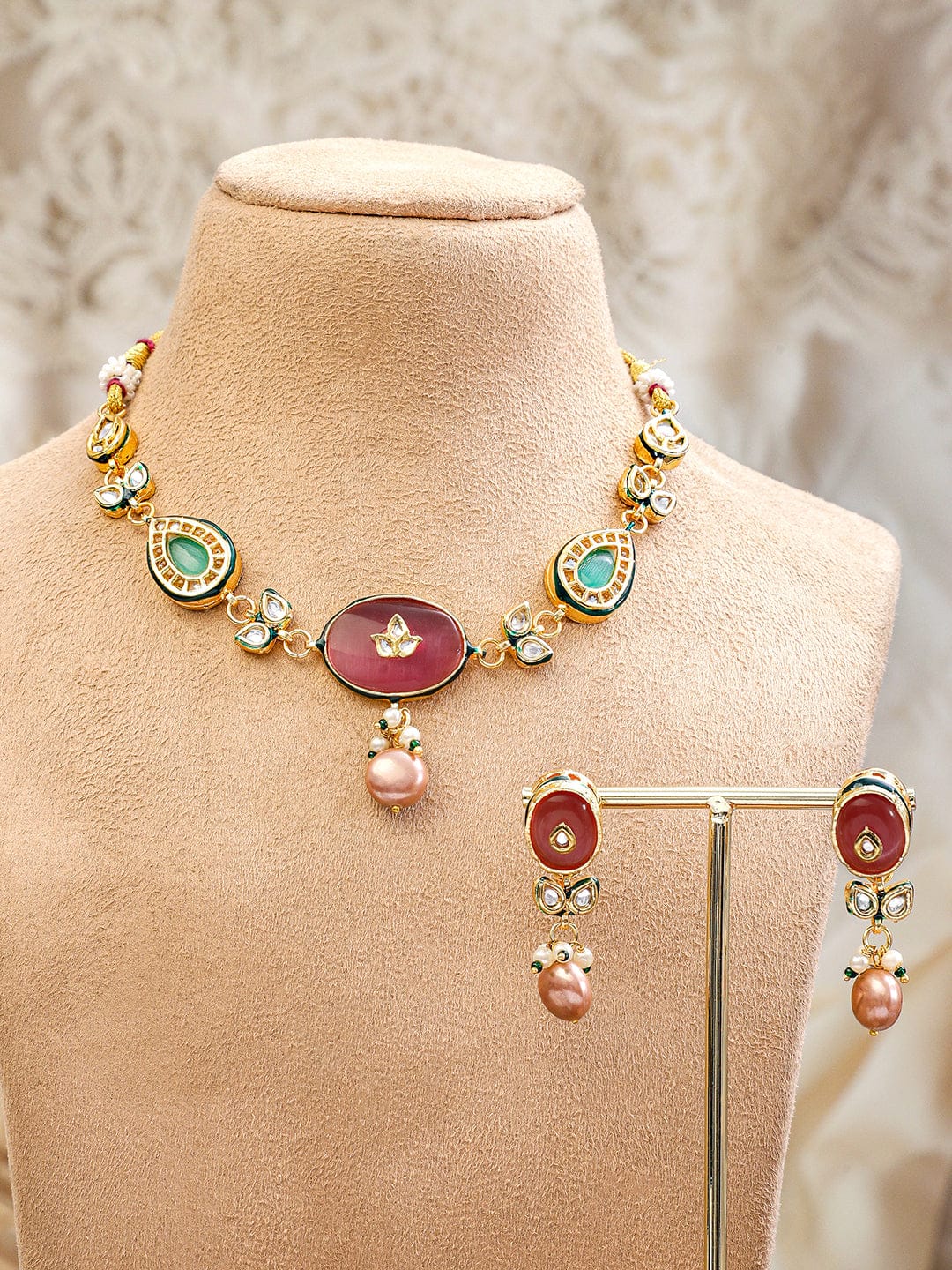 Rubans 22K Gold-Plated Handcrafted Enamel Kundan Choker Necklace Set with Rosy Pink & Green Stones and Glossy Pink Pearl Beads Drops for Women & Girls â€“ Perfect for Weddings & Royal Festive Styling Jewellery Set