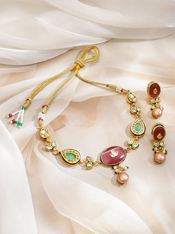 Rubans 22K Gold-Plated Handcrafted Enamel Kundan Choker Necklace Set with Rosy Pink & Green Stones and Glossy Pink Pearl Beads Drops for Women & Girls â€“ Perfect for Weddings & Royal Festive Styling Jewellery Set