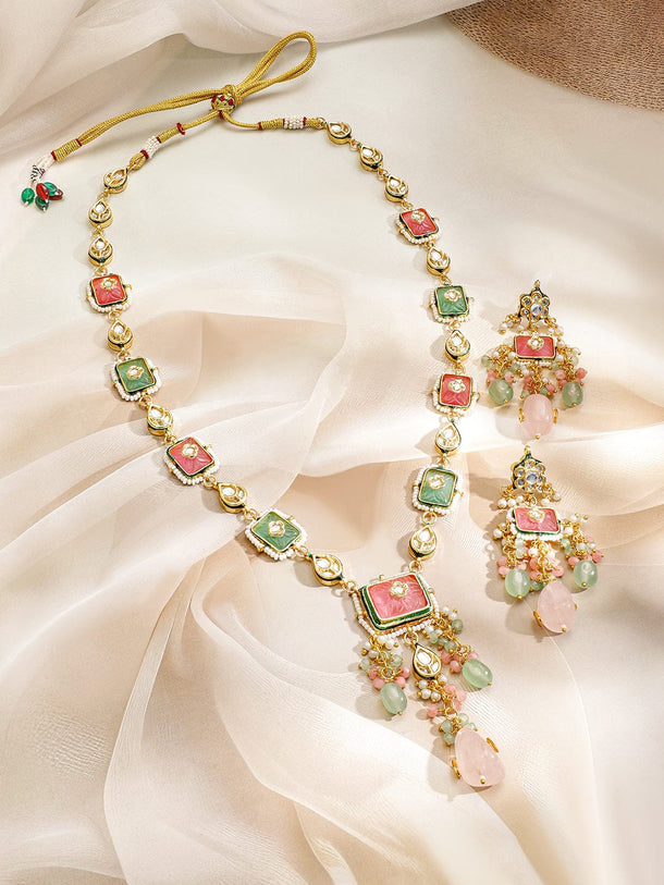 Rubans 22K Gold-Plated Handcrafted Enamel Meenakari Kundan Luxe Necklace Set with Pastel Pink & Green Gem Floral Beads and CZ Accents Jewellery Set